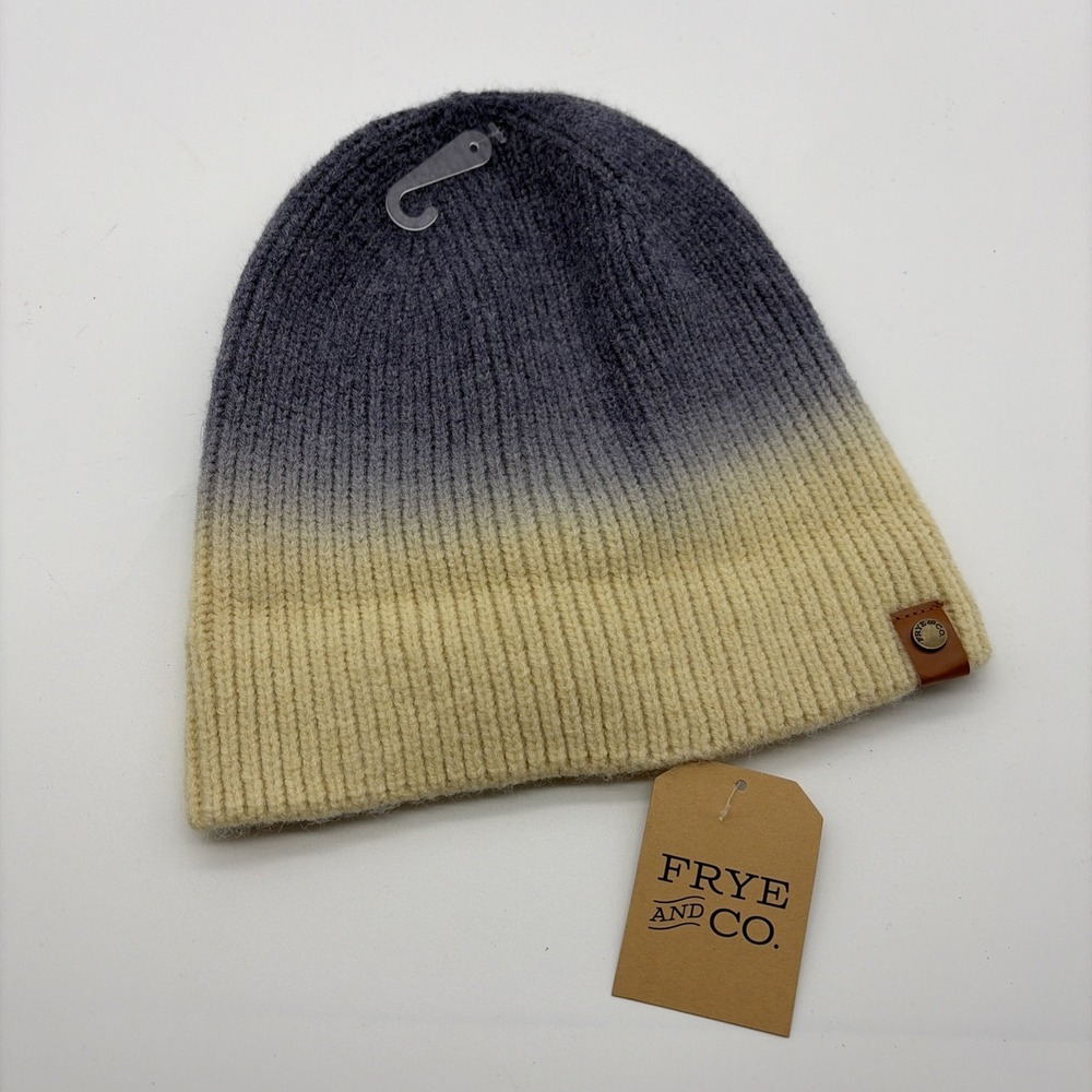 Frye & Co NEW Deep Indigo Dip Dye Beanie Denim Blue Butter Creamy‎ Tan Hat-OSFM